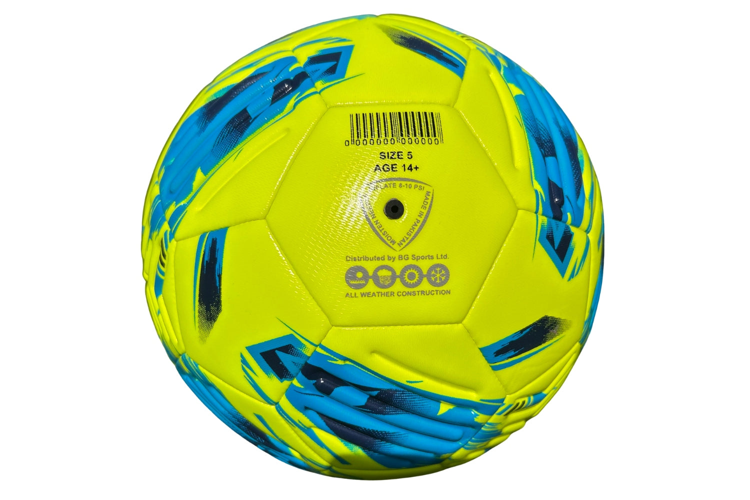 Introducing the Samba Infiniti Max Training Ball by Samba Sports—a bright yellow soccer ball with dynamic blue and black patterns, precision-moulded grooves for enhanced flight stability, and AIRFOAM Technology for superior touch and durability. The ball features a barcode, detailed size and age recommendations, as well as manufacturer information printed on one of its panels.