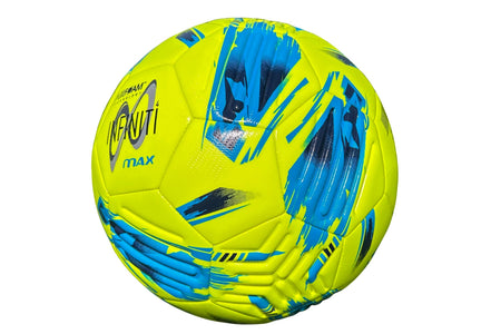 A vibrant yellow Samba Infiniti Max Training Ball by Samba Sports features striking blue geometric patterns and "INFINTI" branding. Its precision-moulded grooves provide superior control, making it perfect for training sessions. The ball is displayed against a white background.