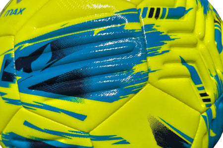 Close-up of the Samba Infiniti Max Training Ball by Samba Sports, featuring a vibrant yellow design with blue and black abstract patterns. The textured surface and detailed stitching of the panels are clearly visible, while precision-moulded grooves enhance control—making it ideal for use as a training football.
