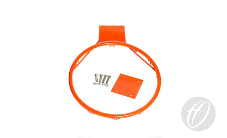 The Harrod Sport BB4 Regulation Basketball Ring, in orange, features a heavy-duty design with a mounting plate and six backboard fixing bolts inside the ring, displayed against a white background.