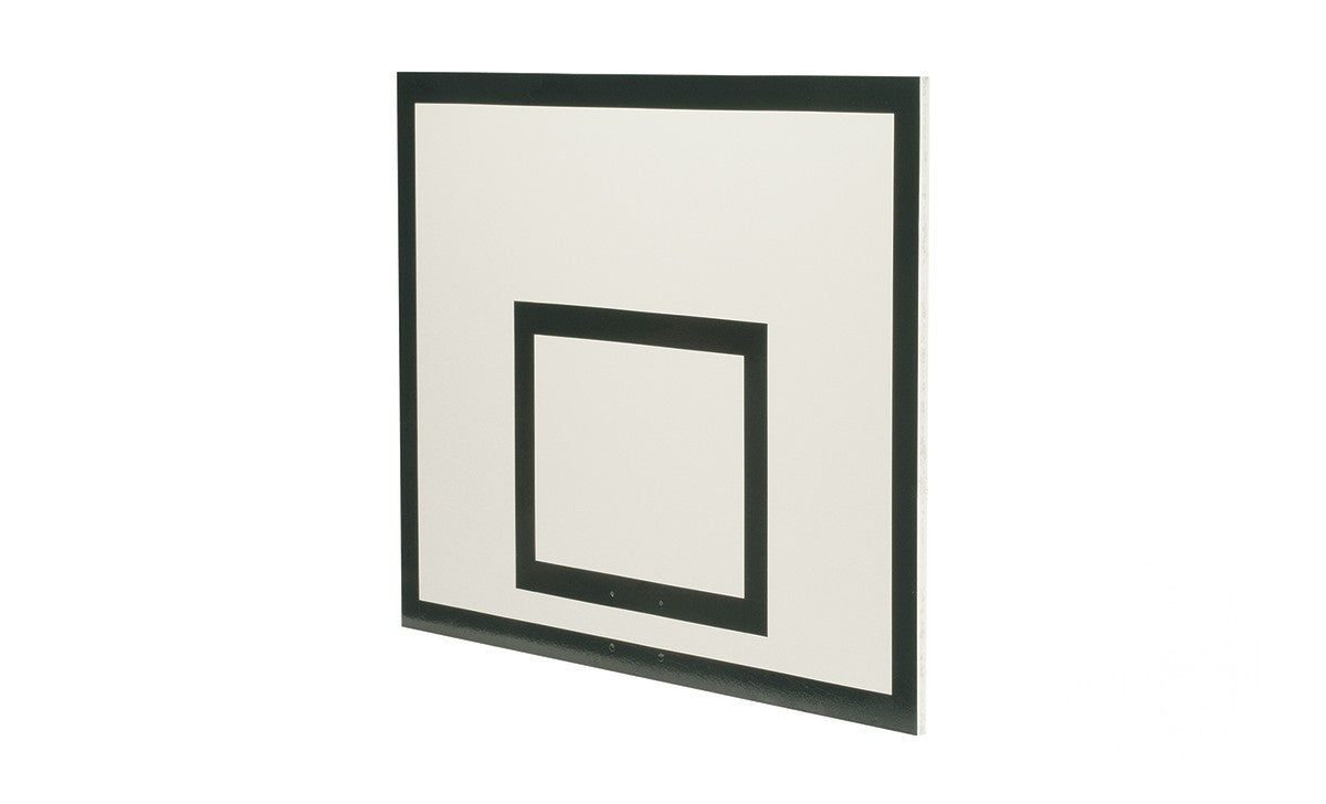 The Harrod Sport MDF Backboard - 1.22M x 0.9M is a rectangular basketball backboard with a white surface and black border, featuring a smaller black rectangle in the center. Crafted from moisture-resistant MDF, it is ideal for use with Harrod UK basketball rings.