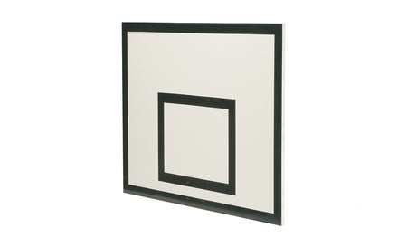 The Harrod Sport MDF Backboard - 1.22M x 0.9M is a rectangular basketball backboard with a white surface and black border, featuring a smaller black rectangle in the center. Crafted from moisture-resistant MDF, it is ideal for use with Harrod UK basketball rings.