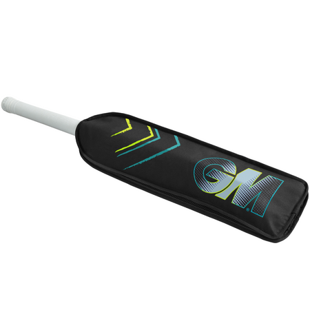 A Gunn & Moore cricket bat in a black/cyan Gunn & Moore Half Bat Cover, showing the white handle while the blade stays protected; "GM" is printed on the cover’s side.