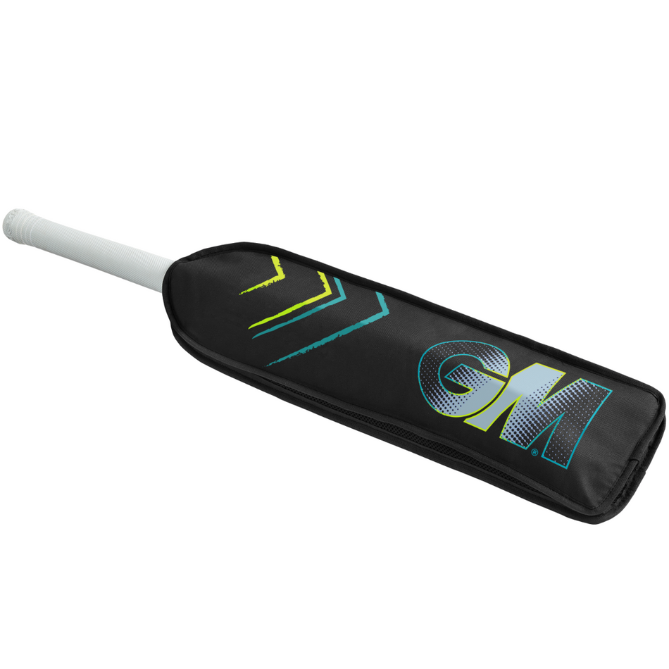 A Gunn & Moore cricket bat in a black/cyan Gunn & Moore Half Bat Cover, showing the white handle while the blade stays protected; "GM" is printed on the cover’s side.