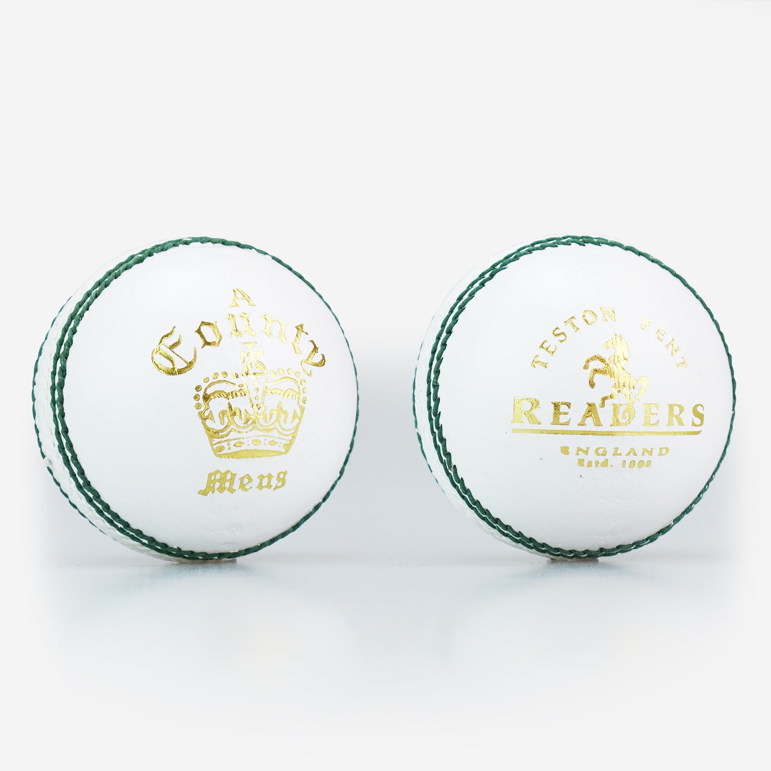 Two white Readers County Crown Coloured Cricket Balls are shown. Each features green stitching and gold branding, making them ideal for evening matches or training.