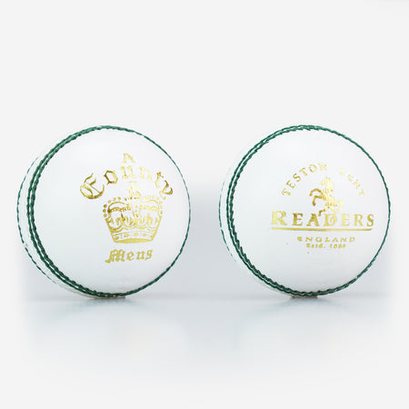 Two white Readers County Crown Coloured Cricket Balls are shown. Each features green stitching and gold branding, making them ideal for evening matches or training.