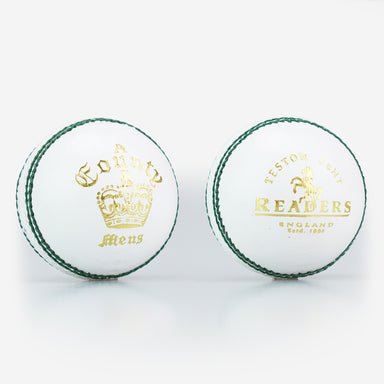 Two white Readers County Crown Coloured Cricket Balls are shown. Each features green stitching and gold branding, making them ideal for evening matches or training.