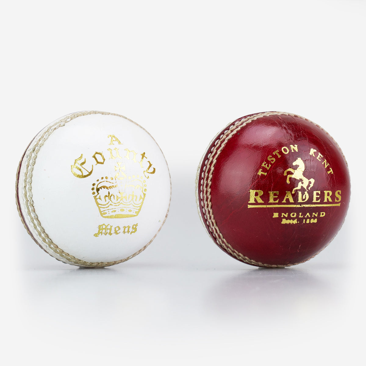 The Readers County Crown Coloured Cricket Balls by Readers feature stitched seams, gold crown and horse designs on white or red leather—perfect for evening matches or training.