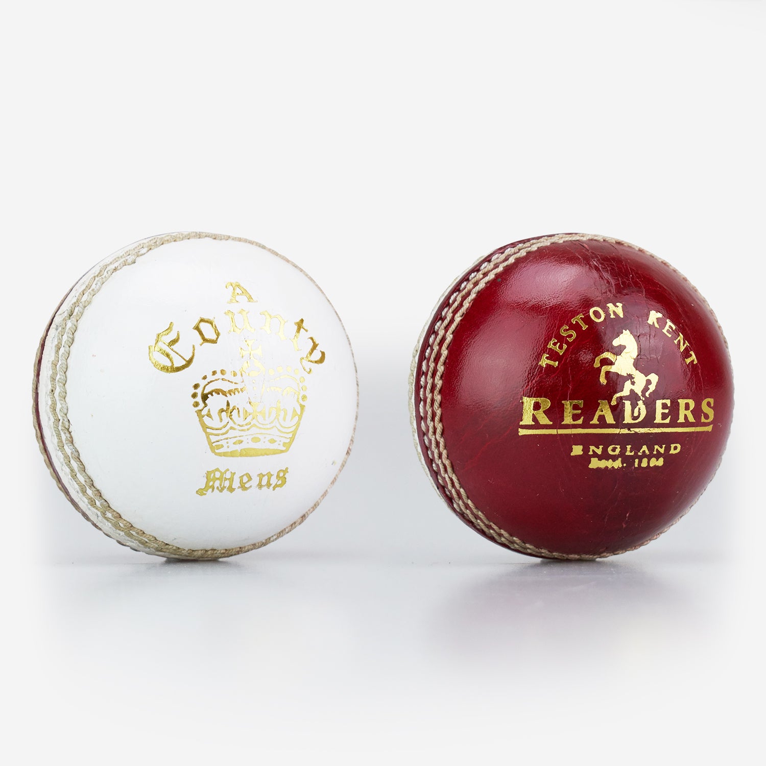 The Readers County Crown Coloured Cricket Balls by Readers feature stitched seams, gold crown and horse designs on white or red leather—perfect for evening matches or training.