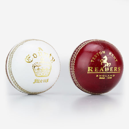 The Readers County Crown Coloured Cricket Balls by Readers feature stitched seams, gold crown and horse designs on white or red leather—perfect for evening matches or training.