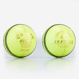Two Readers County Crown Coloured Cricket Balls in yellow, featuring black stitching, gold text, and a crown logo from Readers, are placed side by side on a white background—ideal for evening matches or training sessions.