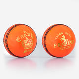 Two bright orange Readers County Crown Coloured Cricket Balls are shown, featuring black stitching and gold detailing. Ideal for evening matches or training, each ball is branded with the distinctive Readers name.