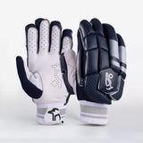 Kookaburra 4.1 T/20 Batting Gloves by Kookaburra feature premium navy leather, a white ventilated palm, and a padded black and gray back for finger protection, all with a sporty design and branded wrist strap.