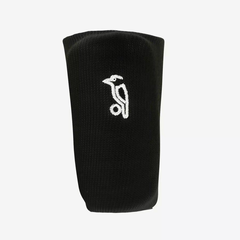 The Kookaburra Pro Wrist Guard by Kookaburra is a black wrist guard with a white minimalist bird logo, designed for comfort and shown against a plain white background.