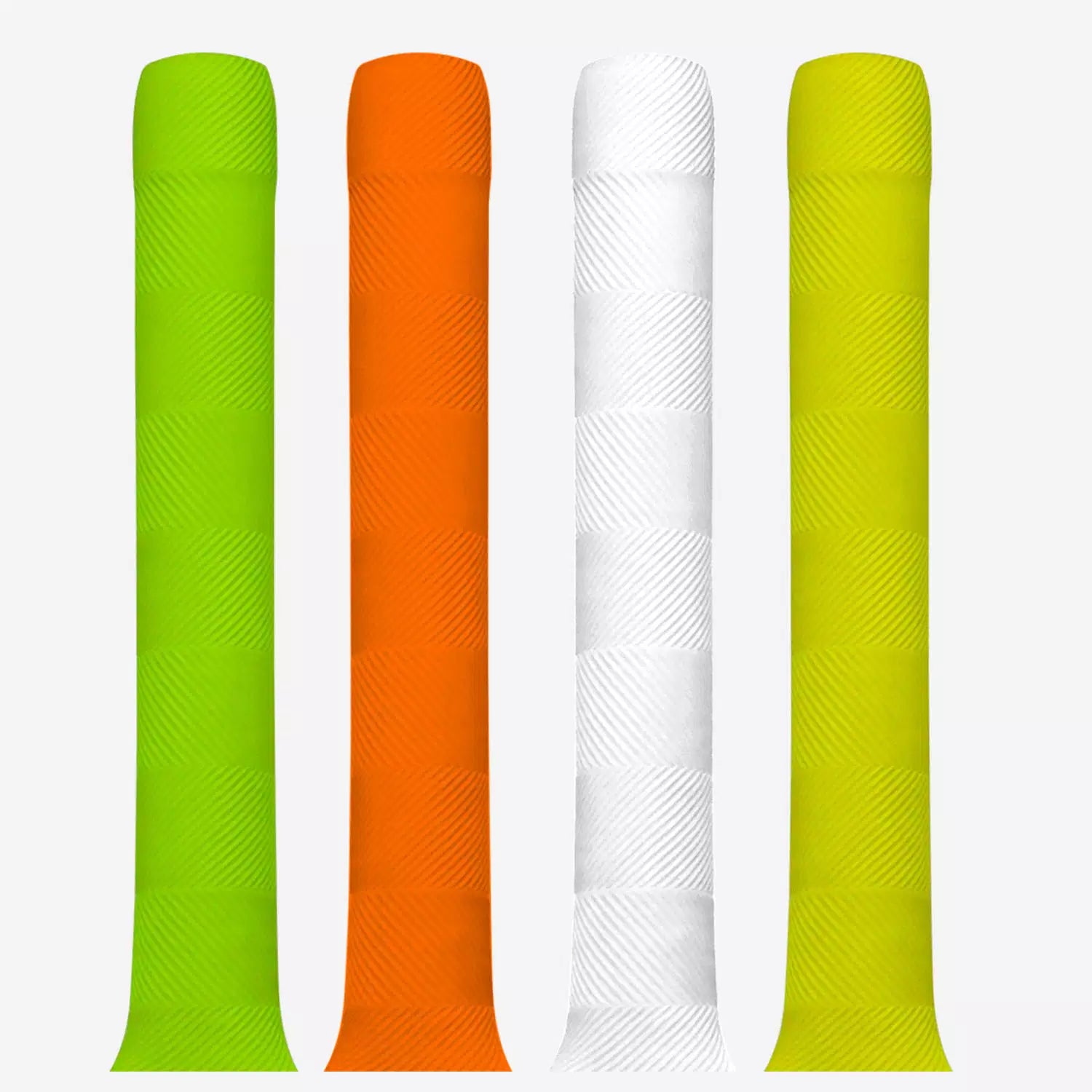 Four Kookaburra Chevron Bat Grips by Kookaburra, in green, orange, white, and yellow with textured chevron patterns, stand upright in a row against a plain white background.