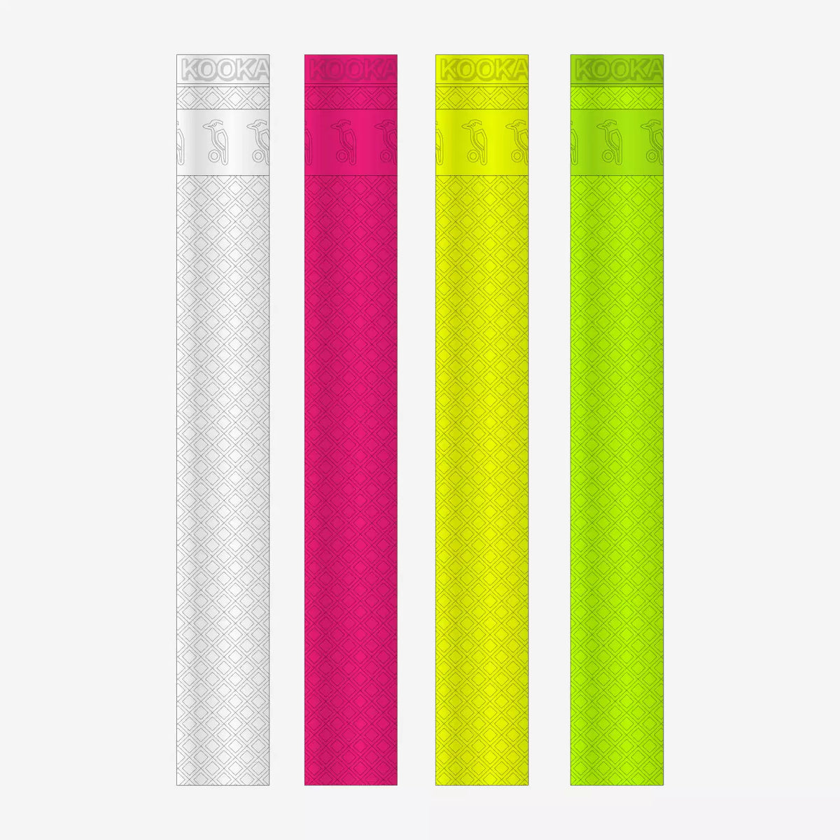 Four slim, rectangular Kookaburra Quilt Bat Grips with diamond pattern grips come in white, magenta, yellow, and lime green. "KOOKA" is printed at the top of each—ideal for your quilt bat grip needs.
