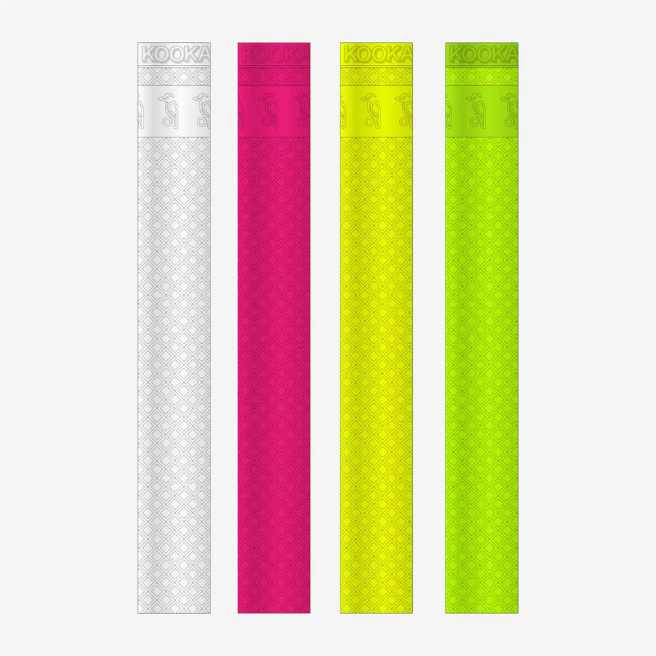 Four slim, rectangular Kookaburra Quilt Bat Grips with diamond pattern grips come in white, magenta, yellow, and lime green. "KOOKA" is printed at the top of each—ideal for your quilt bat grip needs.