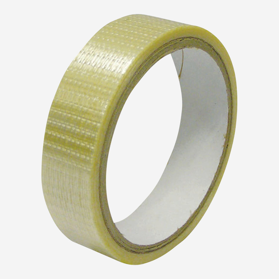 A roll of Kookaburra Fibreglass Cricket Bat Tape, featuring a clear finish with a subtle grid pattern and slightly glossy surface, is displayed on a plain white background—the perfect choice from Kookaburra for protecting your cricket bat and extending its lifespan.