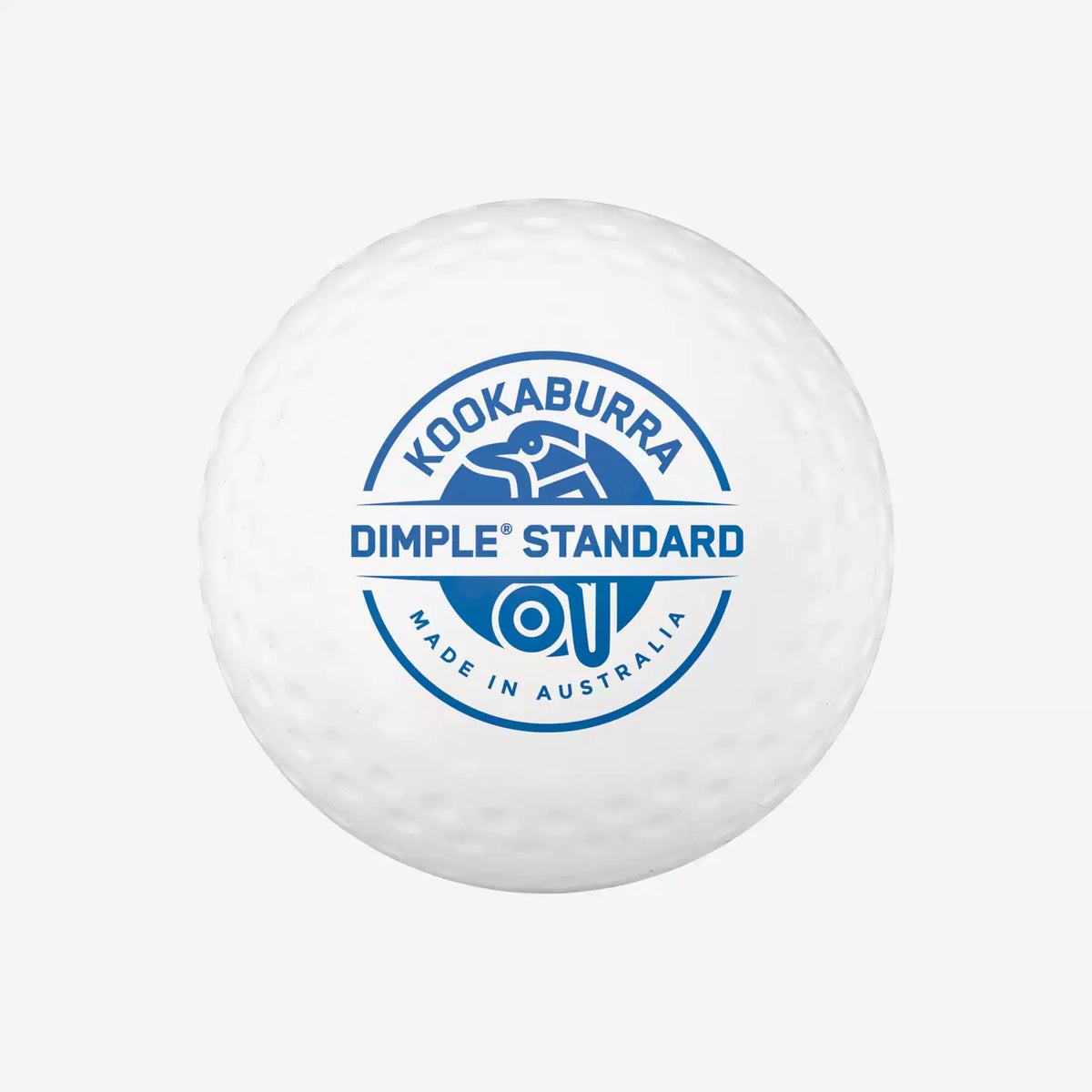 The Kookaburra Dimple Standard Hockey Ball is a white ball meeting FIH 'National Elite' standards, featuring the Kookaburra logo and "Made in Australia" marking, ideal for top-level play.
