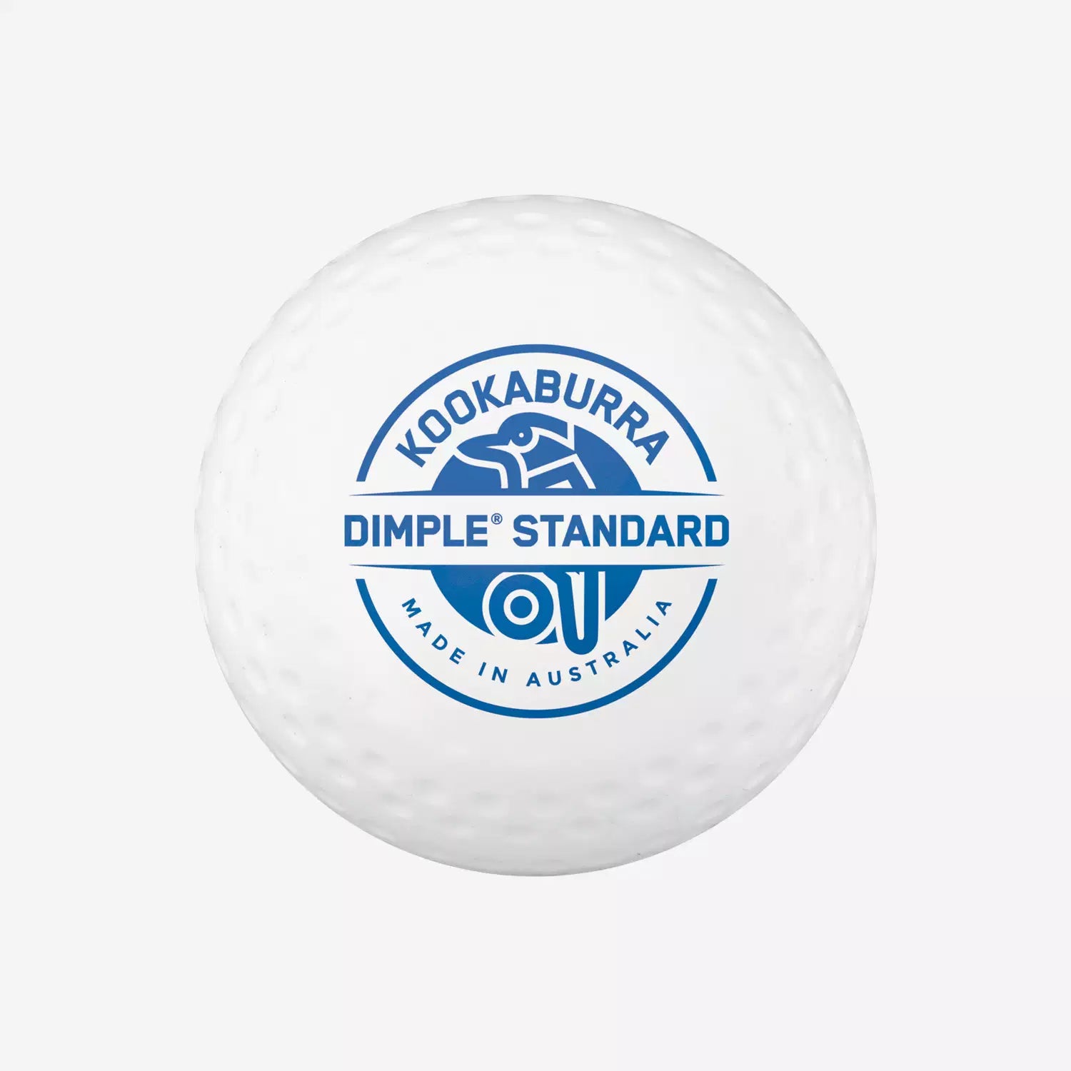 The Kookaburra Dimple Standard Hockey Ball is a white ball meeting FIH 'National Elite' standards, featuring the Kookaburra logo and "Made in Australia" marking, ideal for top-level play.