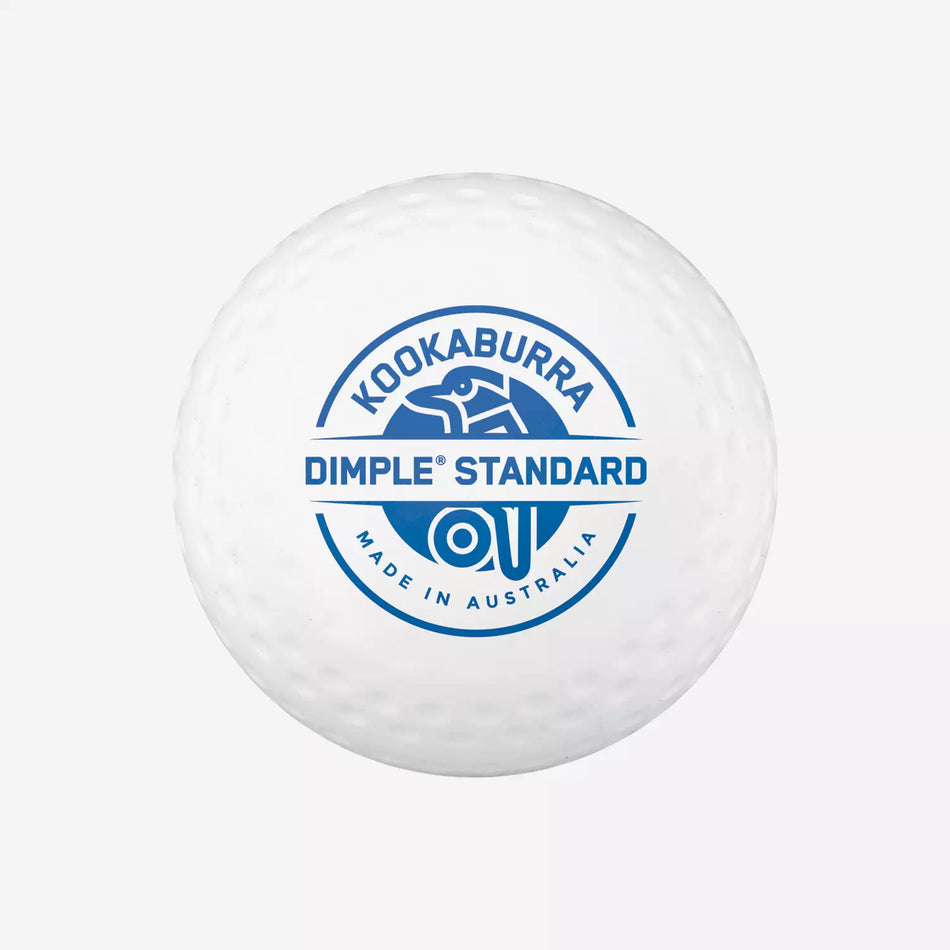 The Kookaburra Dimple Standard Hockey Ball is a white ball meeting FIH 'National Elite' standards, featuring the Kookaburra logo and "Made in Australia" marking, ideal for top-level play.