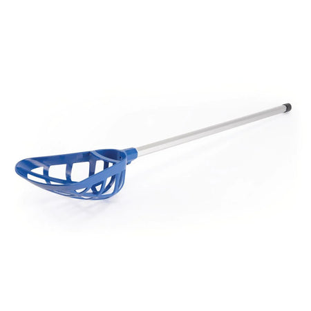 The Mastersport Pop Lacrosse Stick in blue features a plastic scoop head and a long metal shaft, shown on a white background.