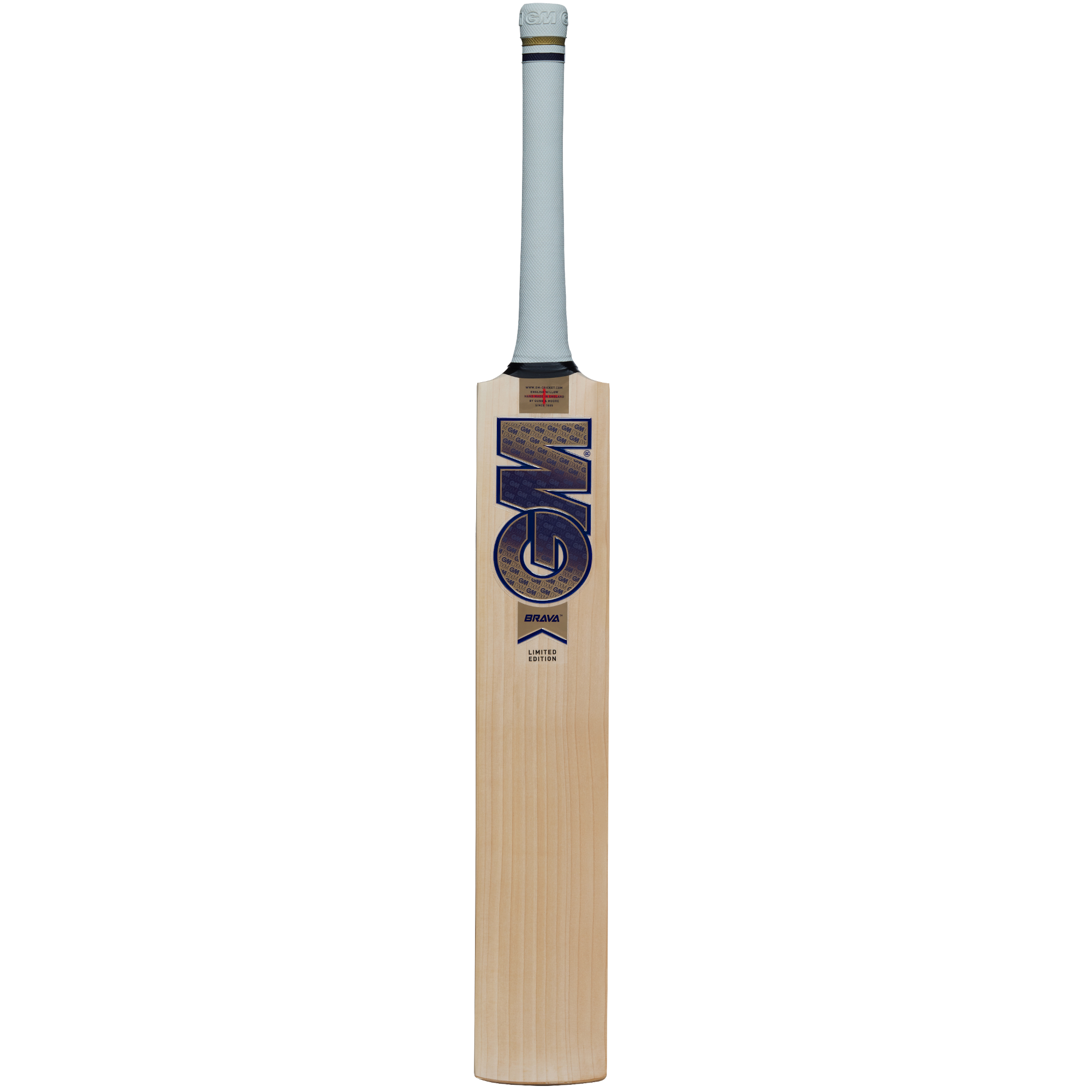 A Gunn & Moore Brava DXM Senior Cricket Bat with a light gray Pro-Lite grip and GM logo on the front, photographed against a plain white background.