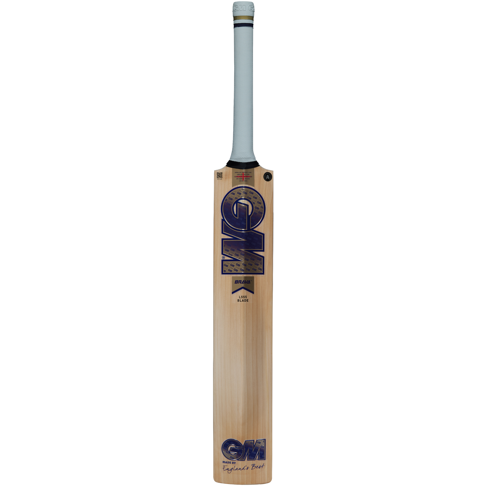 The Gunn & Moore Brava DXM Senior Cricket Bat features a light English willow blade, a grey Pro-Lite grip, and blue-purple GM branding on the blade and toe.