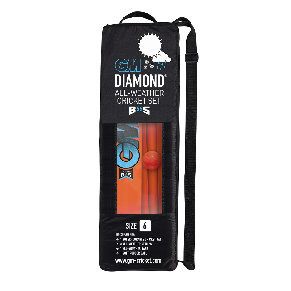 The Gunn & Moore Diamond All Weather Cricket Set comes in a black carry bag with a clear window showing the orange bat, stumps, and soft rubber ball. The bag features product details and a handle for easy carrying.