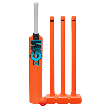 The Gunn & Moore Diamond All Weather Cricket Set includes an orange bat featuring a blue and white GM logo, three stumps on a base, and a soft rubber ball, all arranged upright on a white background.