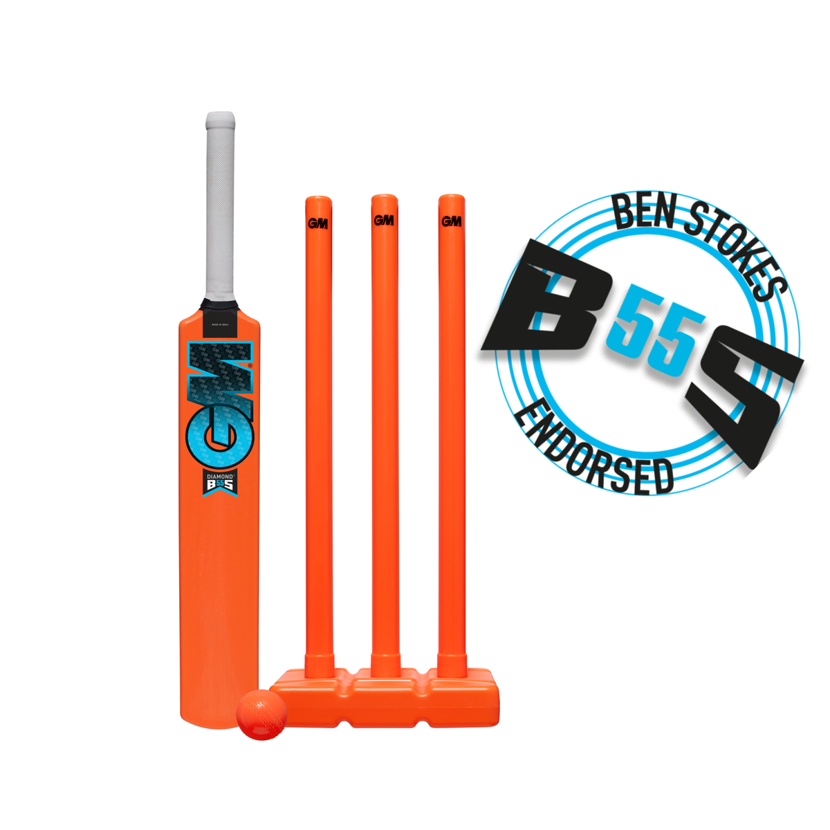 The Gunn & Moore Diamond All Weather Cricket Set includes a bright orange bat, three stumps, a bail, and a soft rubber ball. At right is a circular blue, white, and black logo reading “Gunn & Moore Endorsed B55.”.