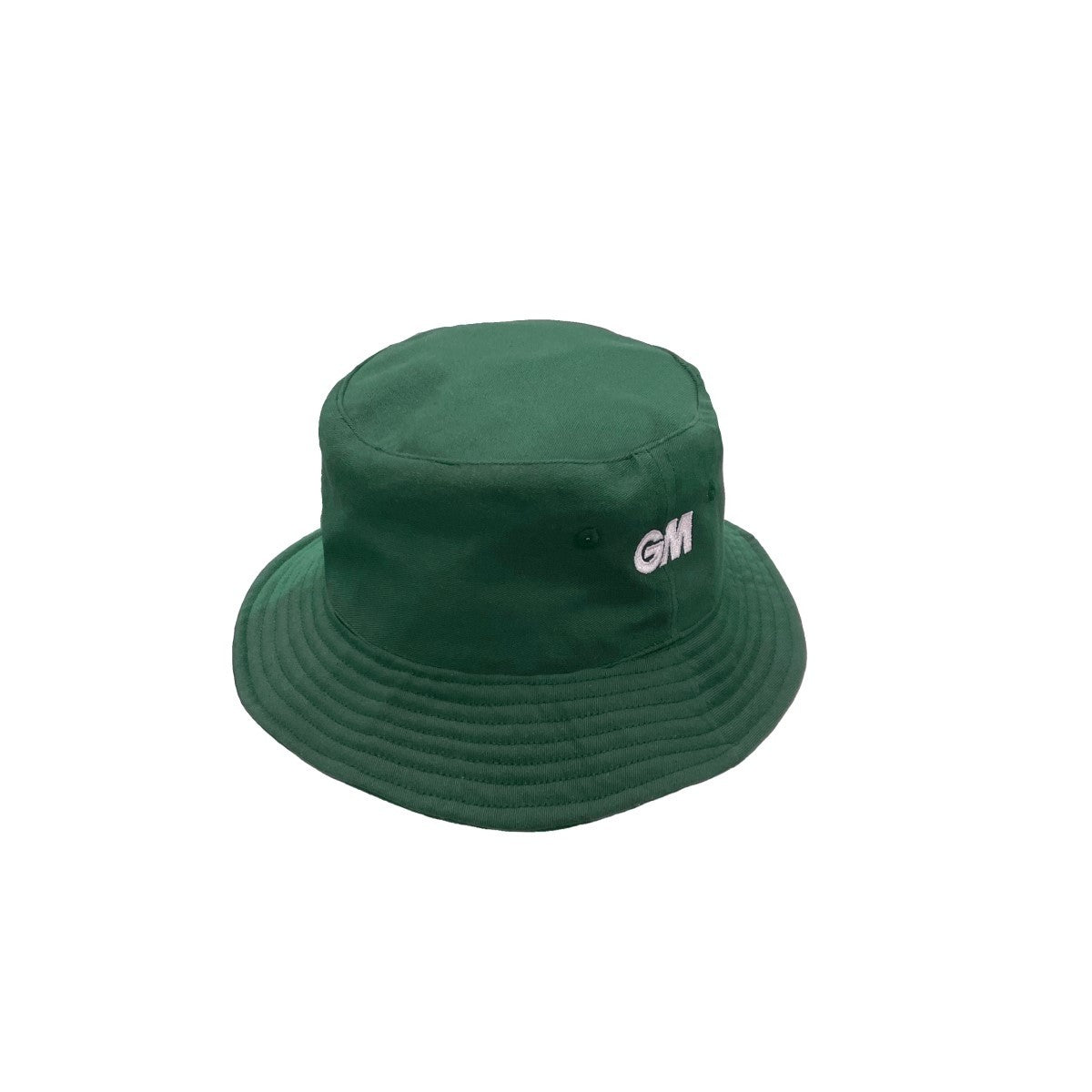 The green Gunn & Moore Bucket Hat features a slightly curved brim and white embroidered GM letters on the front. Made from fully lined cotton polyester, this hat is shown against a plain white background.