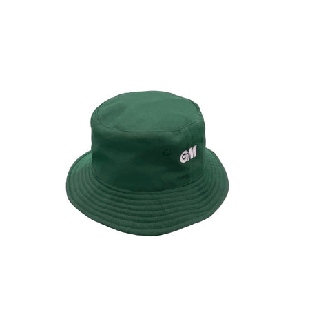 The green Gunn & Moore Bucket Hat features a slightly curved brim and white embroidered GM letters on the front. Made from fully lined cotton polyester, this hat is shown against a plain white background.