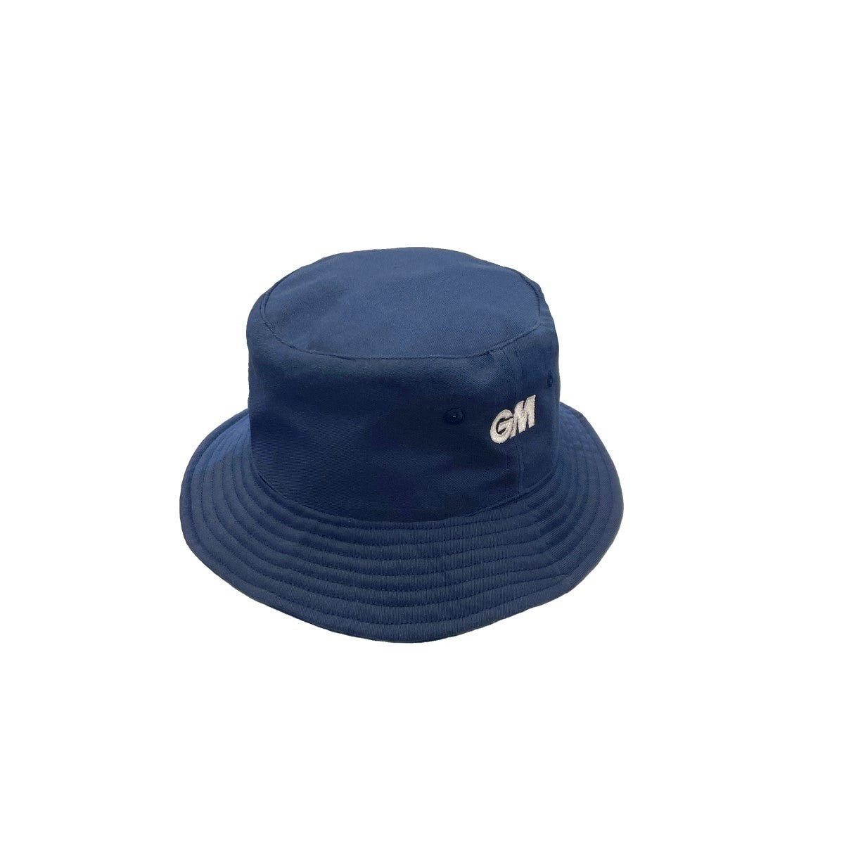 The Gunn & Moore Bucket Hat in navy features a wide brim and white embroidered GM logo on the front. Made from a cotton-polyester blend, it is fully lined and displayed against a plain white background.