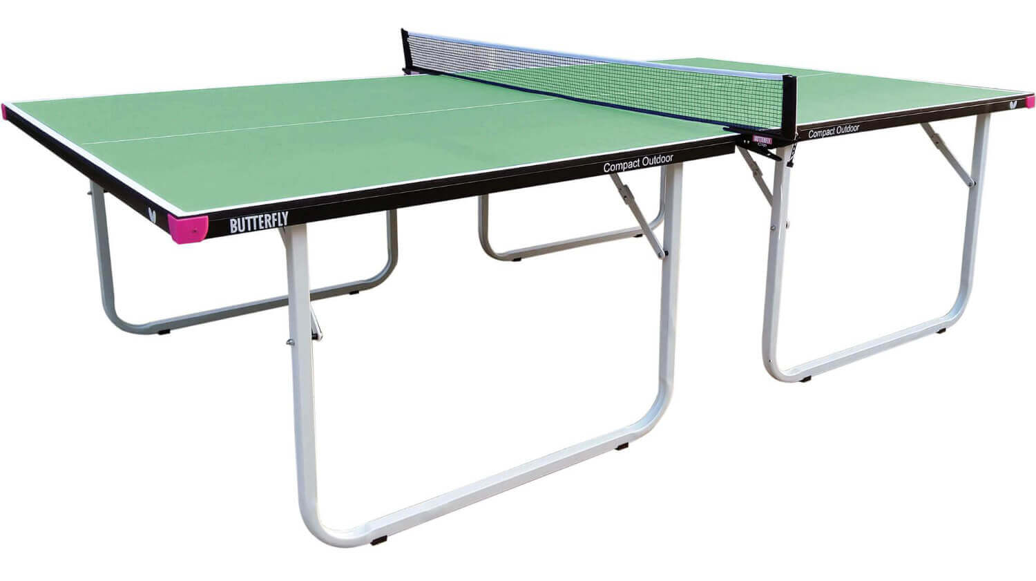 The Butterfly Compact Outdoor 10 Wheelaway Table Tennis Table is a green foldable outdoor table with a black frame, white legs, and an attached Butterfly Outdoor net and post set. The table, branded by Butterfly, is displayed in a ready-to-play position.
