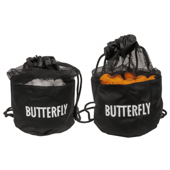 A black mesh carry bag labeled “Butterfly” sits on a white background, filled with Butterfly 100 Training Balls in white.