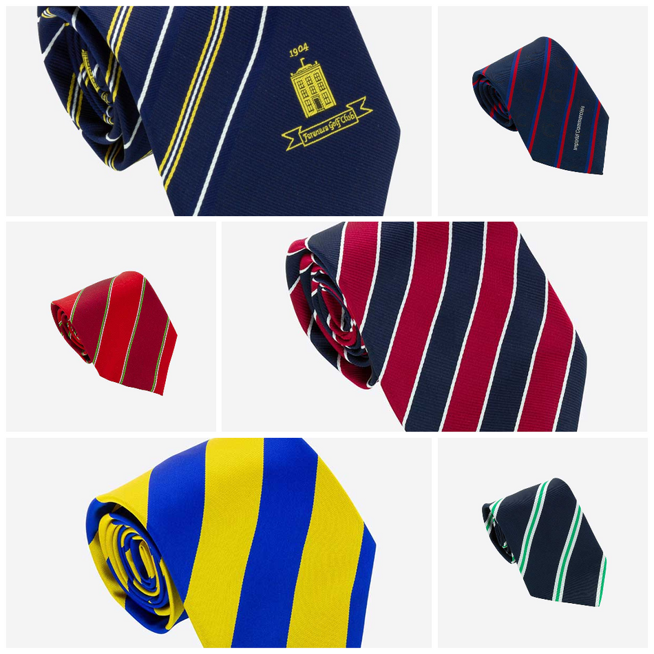 A collage of six Custom Club & School Ties by Martin Berrill Sports in blue/yellow, red/blue, red/yellow, blue/light green, blue/red patterns, plus a custom tie with a blue base, white stripes, and yellow emblem.