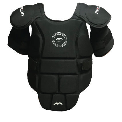 The Mercian Evolution 1 Chest & Shoulder Protector - Elite Black Body Armour by Mercian offers dual density foam padding, shoulder pads, Velcro side straps, and central logo for upper body protection in baseball or softball play.