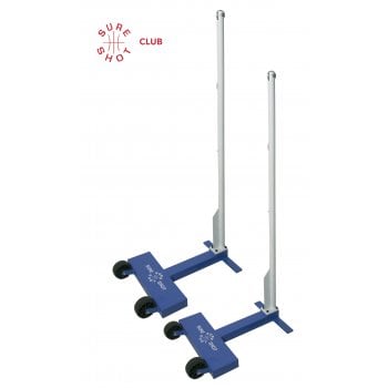 Two portable Sure Shot Club Wheelaway Badminton Posts with wheels and steel uprights are ideal for clubs or schools. The metal poles stand out against a white background, with a red Sure Shot logo in the top left corner.