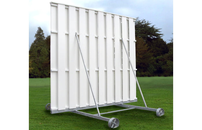 The Martin Berrill Sports County Plastic Cricket Sight Screen features vertical plastic panels, a metal frame on wheels, and is weather-resistant—perfect for outdoor cricket fields.