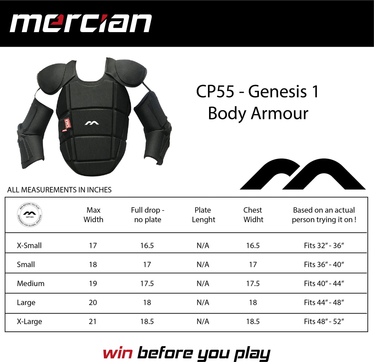Image of Mercian Genesis 1 Body Armour by Mercian with a size chart (X-Small to X-Large) displaying width, length, chest width, and recommended fit—ideal Level 3 protection for intermediate goalkeepers.