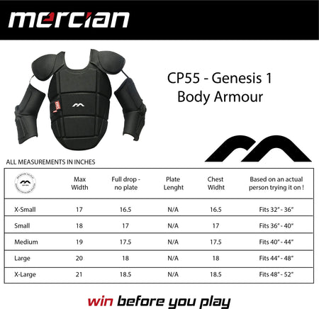 Image of Mercian Genesis 1 Body Armour by Mercian with a size chart (X-Small to X-Large) displaying width, length, chest width, and recommended fit—ideal Level 3 protection for intermediate goalkeepers.