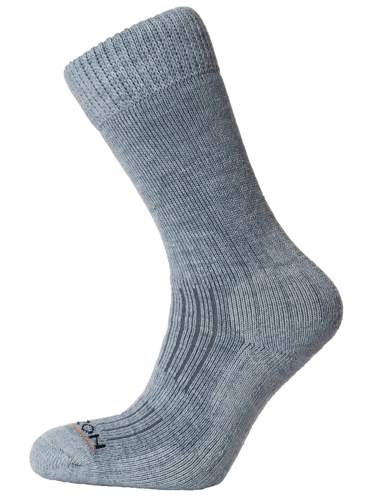The Horizon County Cricket Sock by Horizon Socks is a single grey, ribbed crew sock made from soft Merino wool, displayed upright against a white background to show heel, toe, and cuff details.