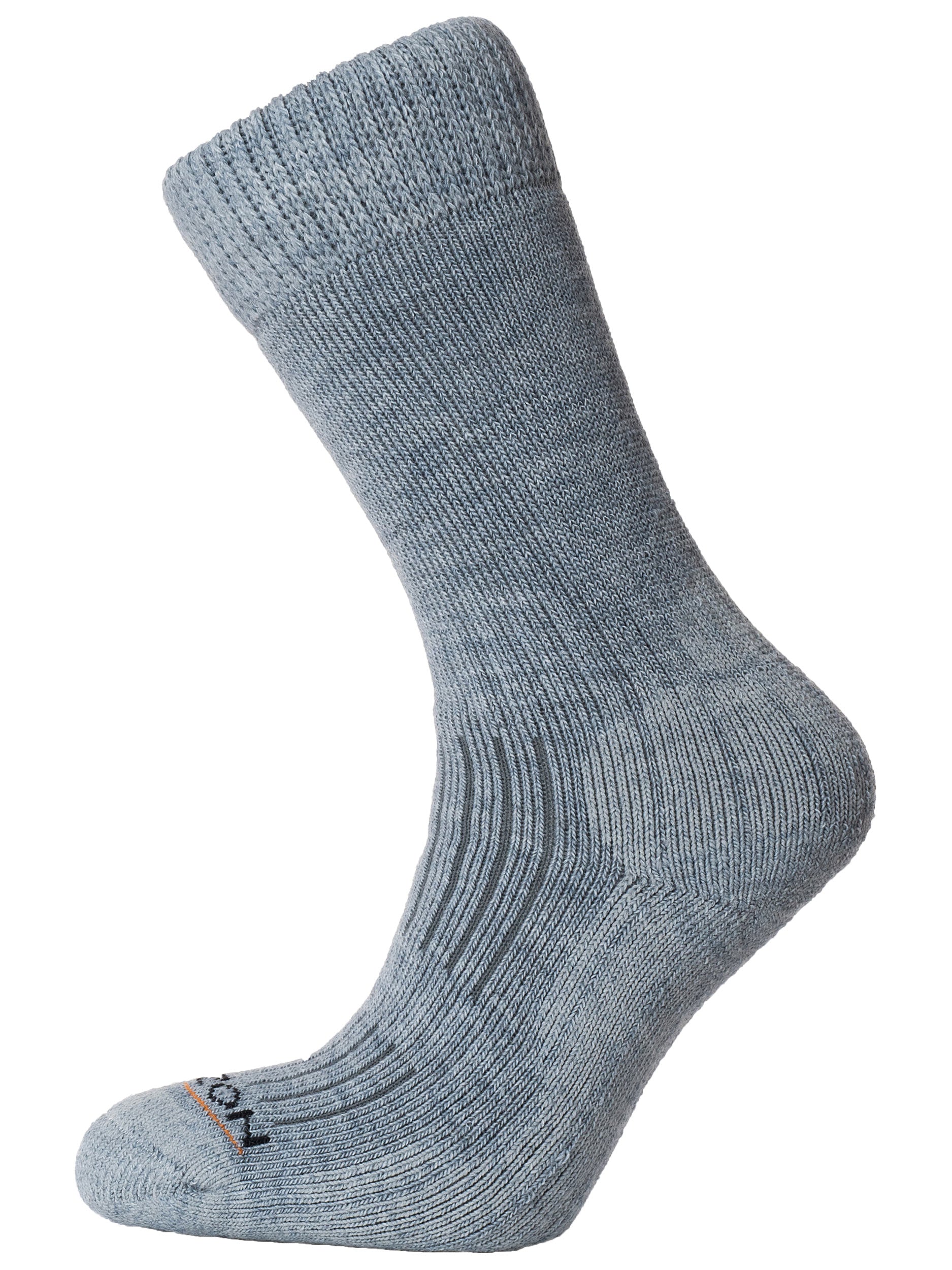 The Horizon County Cricket Sock by Horizon Socks is a single grey, ribbed crew sock made from soft Merino wool, displayed upright against a white background to show heel, toe, and cuff details.