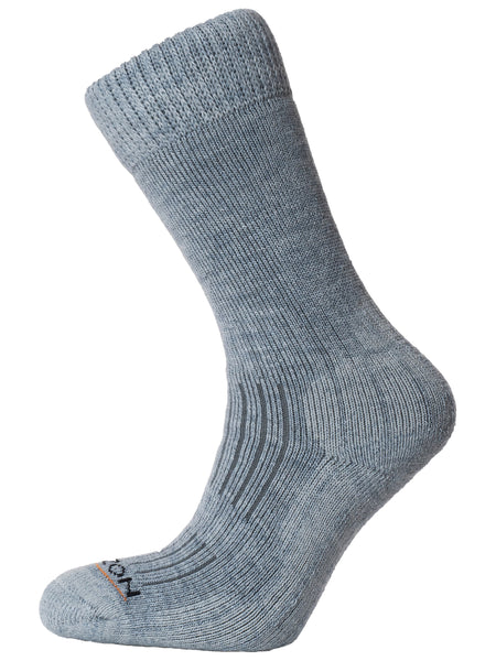 The Horizon County Cricket Sock by Horizon Socks is a single grey, ribbed crew sock made from soft Merino wool, displayed upright against a white background to show heel, toe, and cuff details.