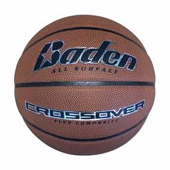 The Baden Sports Crossover Basket Ball features a tan color, black lines, a flex composite cover, and “CROSSOVER” printed in black and white—ideal for both indoor and outdoor play.