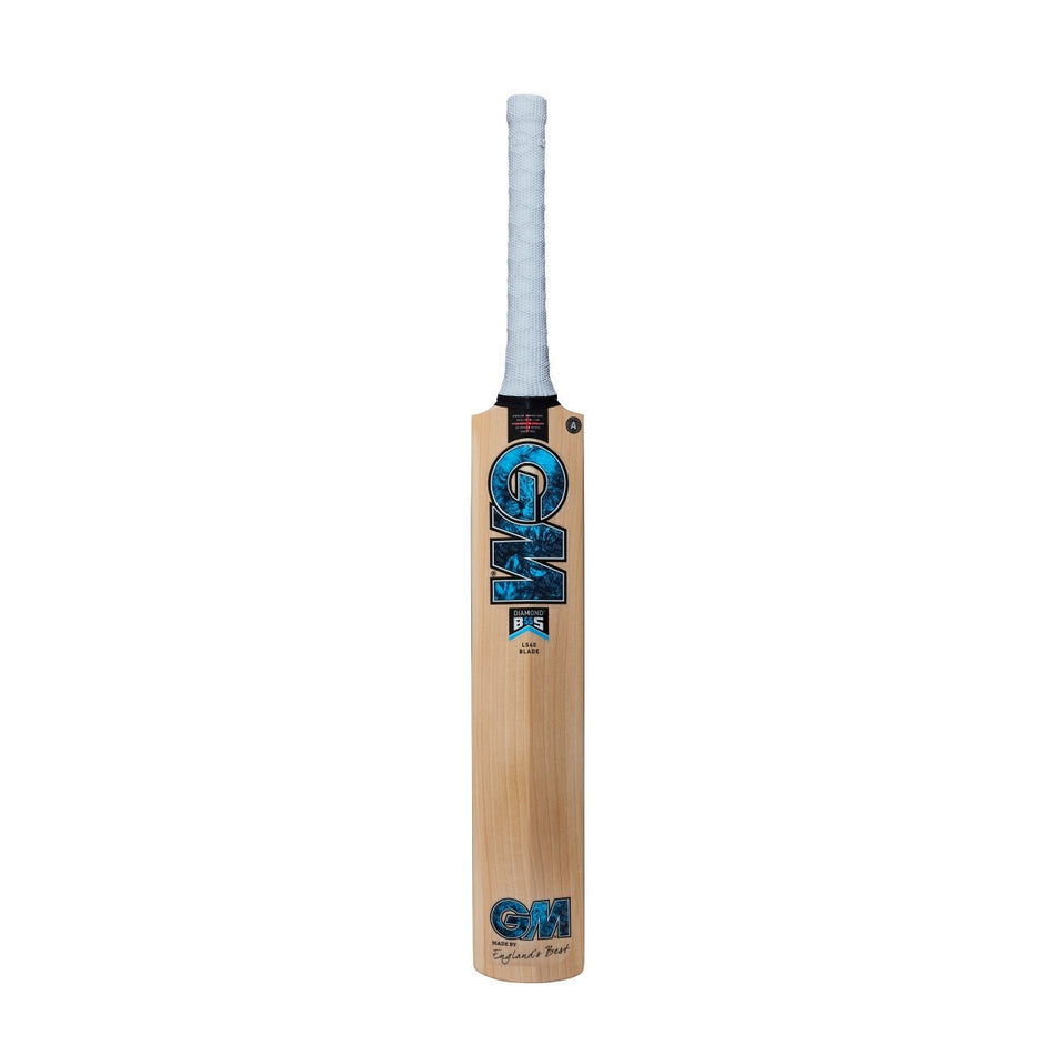 A Gunn & Moore Diamond DXM Senior Cricket Bat made from English Willow stands upright against a white background, featuring a white grip and blue Gunn & Moore branding on the front.