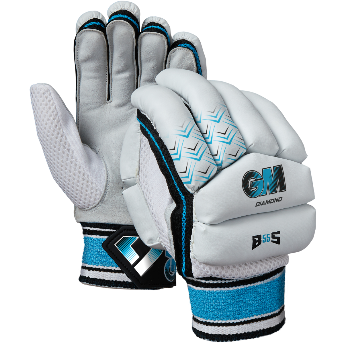 The Gunn & Moore Diamond Batting Gloves 2025 are entry-level gloves in white and light blue with black and turquoise accents, padded fingers, mesh ventilation, and the GM Diamond logo on the back.