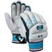 The Gunn & Moore Diamond Batting Gloves 2025 are entry-level gloves in white and light blue with black and turquoise accents, padded fingers, mesh ventilation, and the GM Diamond logo on the back.