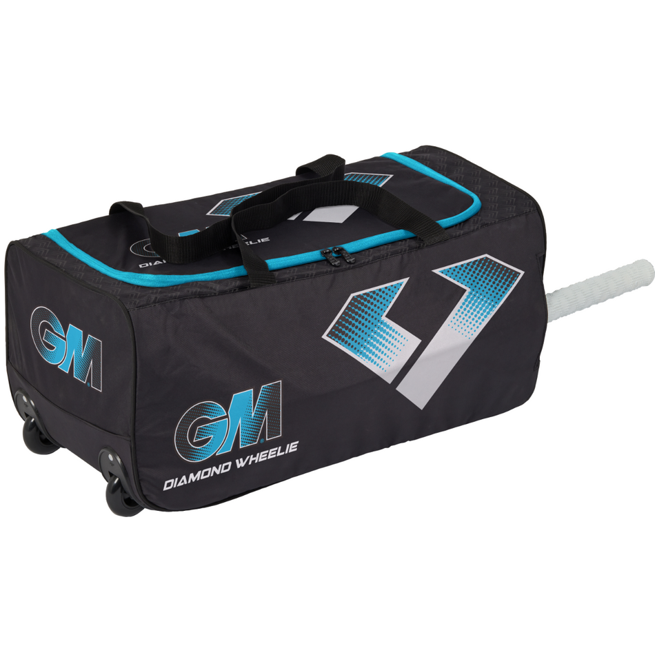The Gunn & Moore Diamond Wheelie 2025 is a black junior sports bag with blue accents, side handles, wheels, and a cricket bat handle extending from one end.